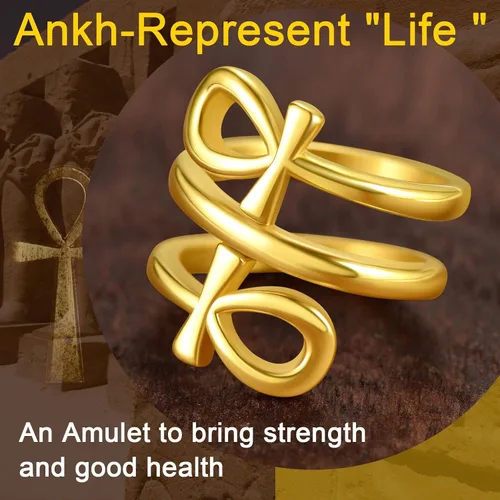 Vista 3 de ChainsProMax Puede grabar anillos de cruz Ankh para hombres y mujeres, anillo de mitología de joyería egipcia, acero inoxidable, chapado en oro