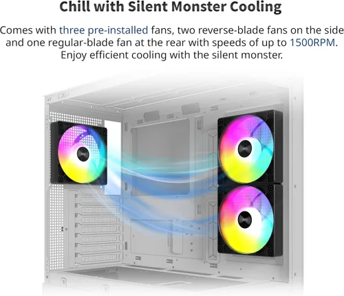 Vista 3 de MONTECH XR-B, chasis para PC de torre media ATX Gaming, ventiladores ARGB PWM de 3x120mm preinstalados, panel de vidrio templado de doble vista