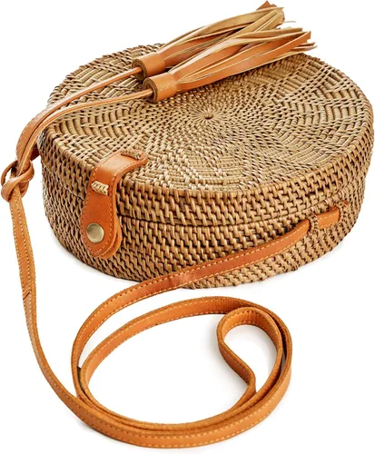 Vista 3 de Bolsas de ratán para mujer, hechas a mano, tejido de mimbre, bolso de mano con forma de círculo, estilo bohemio