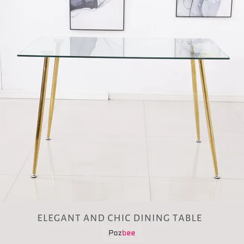 Vista 3 de Mesa de comedor rectangular de vidrio con patas doradas, mesa de cocina moderna de 47 pulgadas, mesa de comedor rectangular (rectangular básica)