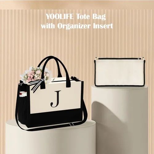 Vista 7 de YOOLIFE Regalos personalizados para mujer, bolsa de lona con monograma con organizador con cremallera, regalo de cumpleaños para mujeres, Blanco, B