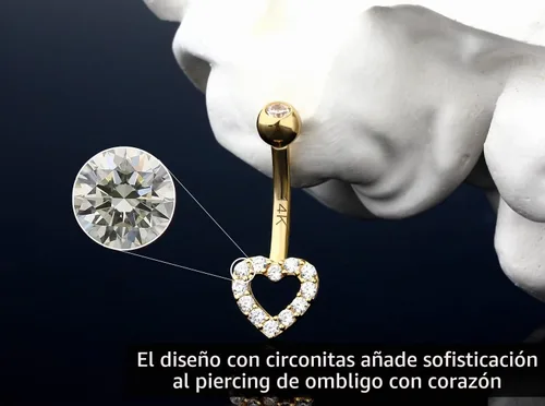 Vista 3 de Melighting Piercing de ombligo de oro de 14 quilates, joyería de piercing de ombligo de corazón con circonita cúbica transparente, joyería para mujer