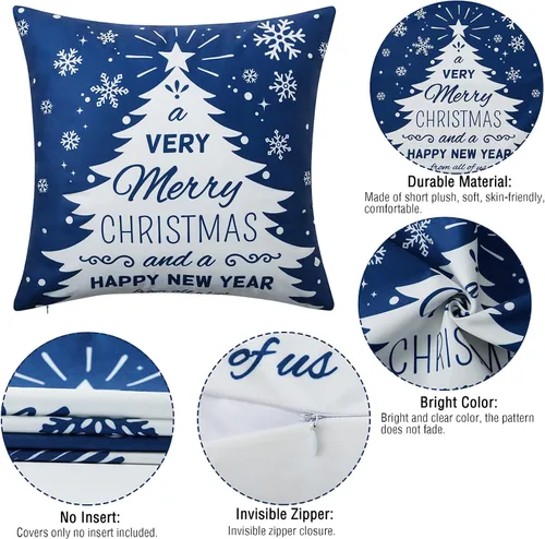 Vista 3 de Juego de 4 fundas de almohada de Navidad de 18 x 18 pulgadas, fundas de almohada de Navidad azul marino, copos de nieve, fundas de almohada de Feliz