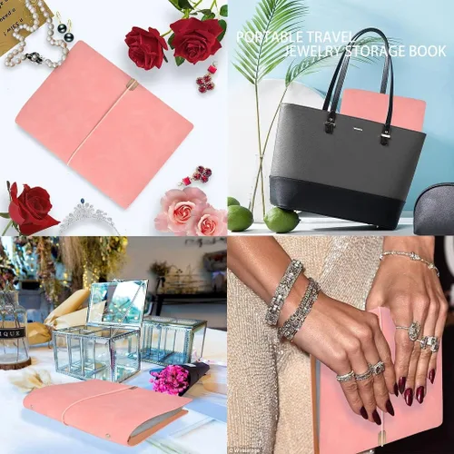 Vista 5 de ChezMax Organizador de joyas, libro de almacenamiento de joyas con bolsillos, álbum de viaje para aretes plegables, folleto de cuero sintético