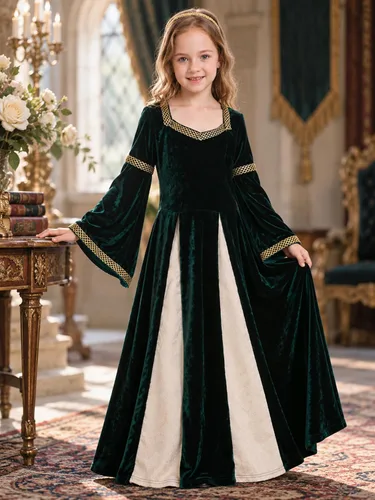 Vista 4 de Disfraz de princesa renacentista para niñas con mangas de campana para Verde