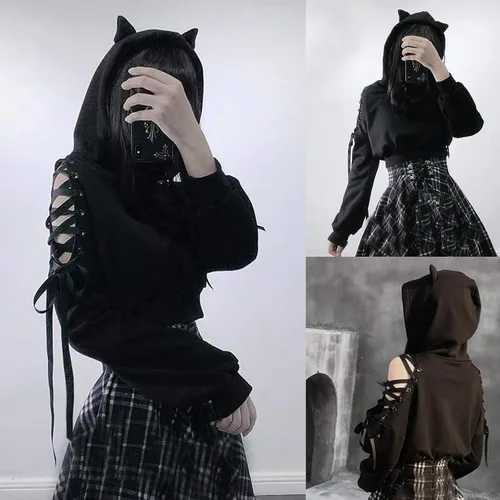 Vista 6 de Tops para mujer con capucha de manga larga suéter de invierno cálido abrigo Outwear Cat Ear Sudadera