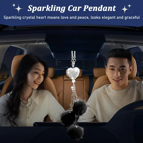 Vista 4 de Dickno Adorno Colgante Brillante para Coche, Divertido Pendiente de Corazón de Amor y Bola de Peluche Rosa para Espejo Retrovisor para Mujeres