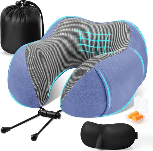Vista 22 de CloudBliss Almohada de viaje de espuma viscoelástica de alta calidad, almohada cervical cómoda y de apoyo, almohadas cervicales para viajar Negro