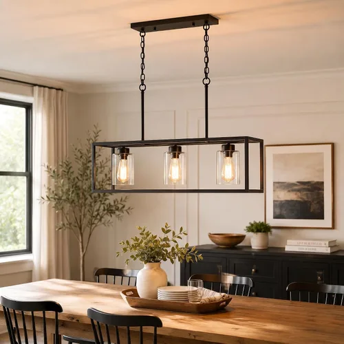 Vista 2 de Lámpara de comedor negra de 3 luces, candelabros modernos de granja, iluminación rectangular lineal para isla de cocina, iluminación colgante