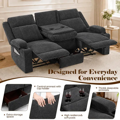 Vista 7 de GUEAPY Sofá reclinable manual grande de 3 plazas – Sofá reclinable de chenilla con portavasos, asiento ancho, fácil montaje y tela resistente a Negro