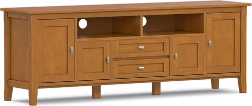 Vista 25 de SIMPLIHOME Warm Shaker - Soporte de TV de madera maciza de 72 pulgadas de Marrón rojizo