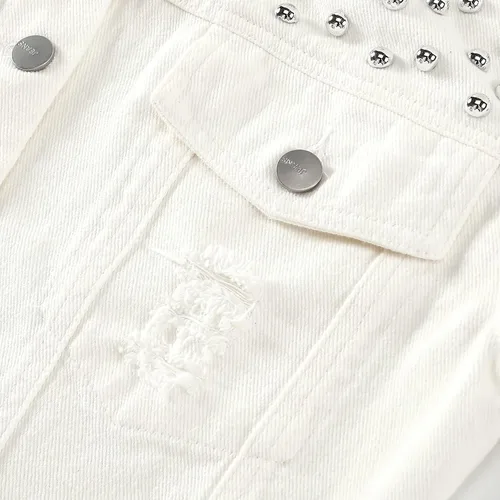 Vista 4 de Kedera Chaqueta de mezclilla desgastada y recortada para mujer, con flecos y dobladillo deshilachado