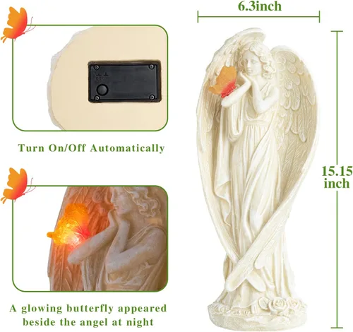 Vista 3 de Figura de ángel, grandes estatuas de jardín de ángel para exteriores con luces LED solares de mariposa, decoración de césped, adorno escultórico
