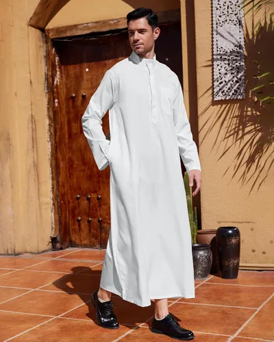 Vista 4 de YAOHUOLE Men Islamic Caftan Thobe Big and Tall Kaftan with Pocket Mens Arab Kaftan Thobe Blanco puro