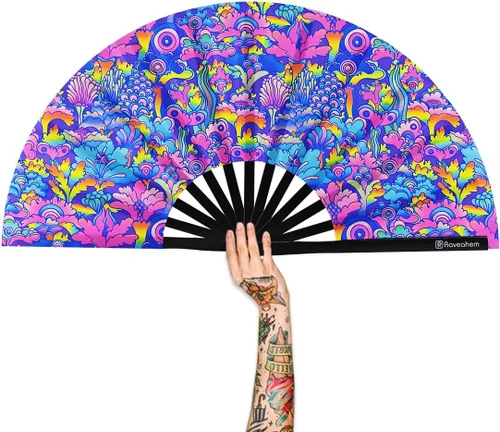 Vista 15 de Abanico Plegable Grande, Abanico Rave Clack de 13 Pulgadas, Abanico de Mano para Mujeres y Hombres con Tela de Satén Premium, Marco de Bambú Grueso