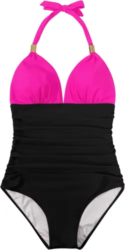Vista 94 de RXRXCOCO - Traje de baño fruncido de una pieza, con cuello en V, para mujer, con control de abdomen y cuello halter