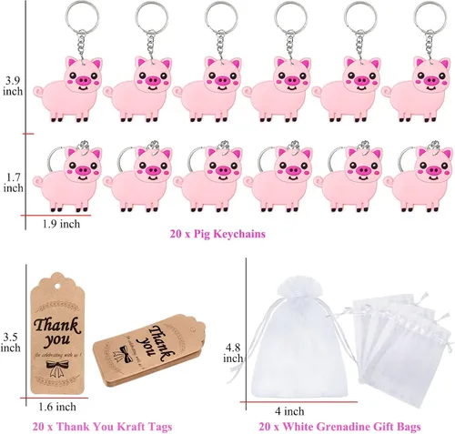 Vista 6 de Paquete de 60 recuerdos de fiesta de animales con 20 llaveros de cerdo, 20 etiquetas, 20 bolsas para amantes de los animales de granja, baby shower