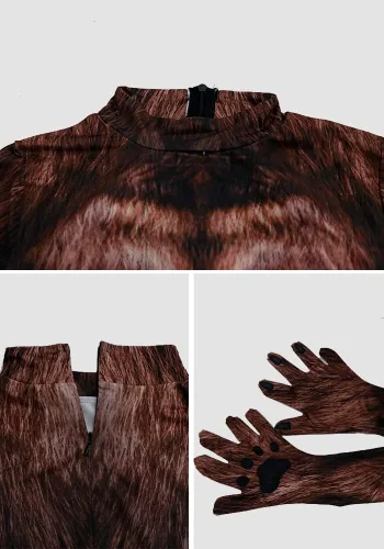 Vista 84 de Disfraz de animal para hombre con estampado de cola grande, overol peludo de elastano para cosplay, fiesta de Halloween