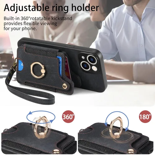Vista 5 de Asuwish Funda de teléfono para iPhone 15 de 6.1 pulgadas con protector de pantalla de vidrio templado y correa para la muñeca, soporte para tarjeta