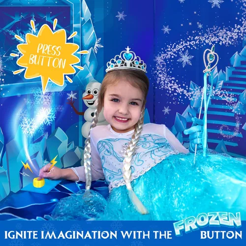 Vista 2 de W&O Tienda de campaña de princesa congelada para niñas con botón de sonido mágico, luces LED, corona y varita – Tienda de campaña congelada