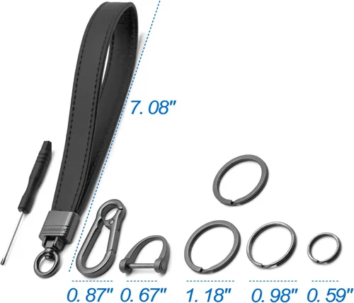 Vista 6 de Llavero de cuero genuino para hombre y mujer, giratorio de 360 grados, con anillo en D antipérdida, clip de mosquetón y 4 llaveros, oscuro y negro