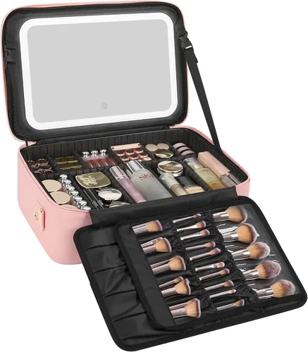 Vista 11 de Relavel Estuche de maquillaje con espejo LED, 01-Negro, Bolsa de maquillaje de viaje con espejo LED para niñas Compact Cosmetic Makeup Organizer