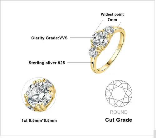 Vista 2 de JewelryPalace Classic 3 Stones Cubic Zirconia Engagement Rings for Women, 925 Sterling Silver 14K Gold Plated Promise Ring for Her, Round Cut