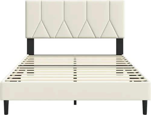 Vista 8 de IOILORI Base de cama tamaño matrimonial con cabecera tapizada de terciopelo, listones de madera resistentes, sin caja de resortes, sin ruido, fácil