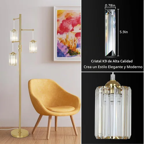 Vista 7 de Lámparas de pie de cristal dorado para sala de estar, 3 luces regulables, lámpara de pie moderna con pantalla de cristal, interruptor de atenuación