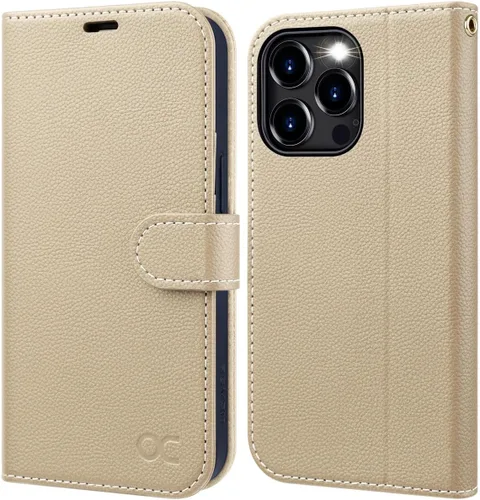 Vista 9 de OCASE Funda tipo cartera compatible con iPhone 15 Pro, de piel sintética, con tarjetero, bloqueo RFID, soporte para teléfono