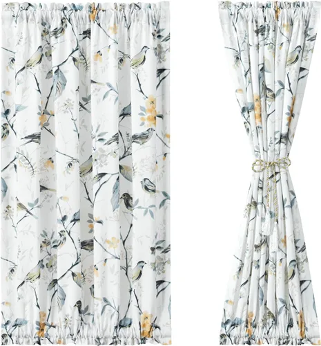 Vista 19 de VOGOL - Cortina decorativa con patrón de pájaros para puerta delantera, cortinas francesas de cocina con reducción de vista, 1 panel de lino
