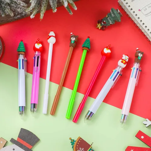 Vista 4 de Outus Juego de 16 bolígrafos de Navidad, 8 bolígrafos con temática navideña y 8 bolígrafos retráctiles multicolor para niños y estudiantes, muñeco