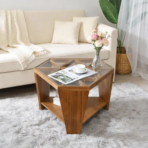 Vista 10 de Ahokua Mesa de centro orgánica moderna, mesa de centro triangular escultural con bordes curvos, mesa central de madera de perfil bajo para sala
