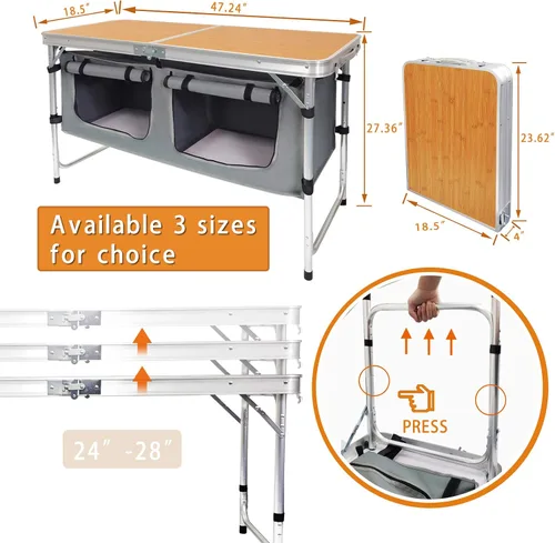 Vista 2 de CampLand - Mesa plegable de aluminio para exteriores, ligera, de altura ajustable con organizador de almacenamiento para barbacoa, fiesta, camping