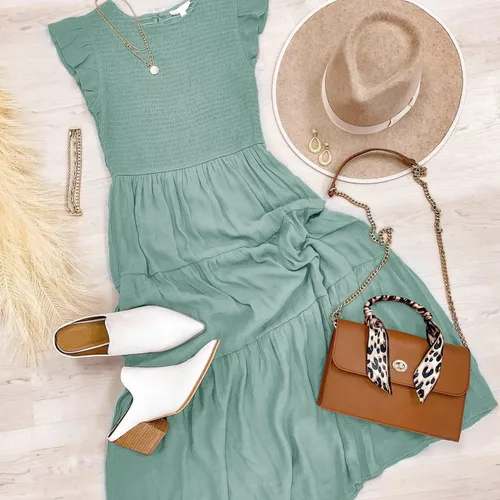 Vista 6 de MEROKEETY - Vestido midi fruncido de manga corta para mujer, vestido de verano casual, acampanado, con cintura elástica y escalonado