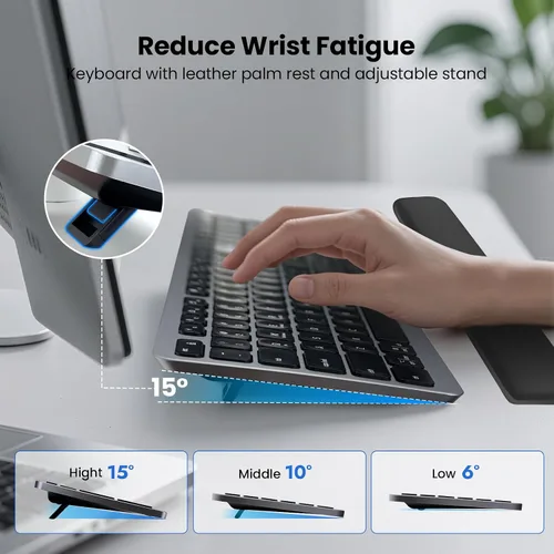 Vista 5 de Teclado inalámbrico, teclado Bluetooth con reposamanos de cuero, retroiluminación, emparejamiento multidispositivo, USB C recargable, para Windows
