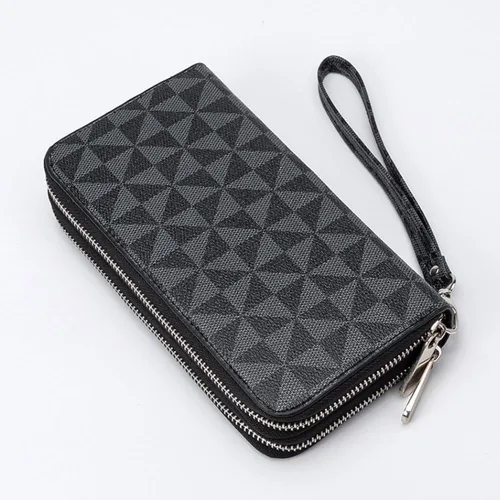 Vista 6 de Veki Billetera para mujer con doble cremallera y correa para la muñeca, monedero de cuero para tarjetas de crédito para mujeres y hombres, Negro A