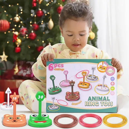 Vista 7 de Juego de juguetes de lanzamiento de anillos de animales para niños, 6 soportes y 36 anillos, para interiores y exteriores, fiesta, patio, actividad