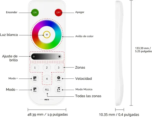 Vista 2 de BTF-LIGHTING RB3 2.4G Mando a distancia inalámbrico táctil RF para tira de luces LED RGB RGBW de persecución SPI, control de 4 zonas compatible