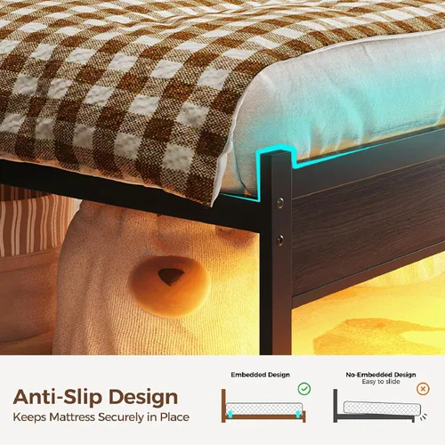 Vista 6 de Marco de cama matrimonial con estación de carga y luces LED, cabecero tapizado en negro con estantes de almacenamiento de 2 niveles, marco de cama