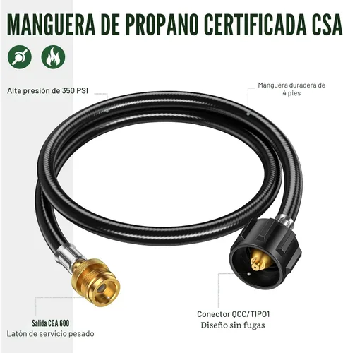 Vista 5 de Manguera Adaptadora de Propano de 4 Pies de 1lb a 20lb, Adaptador de Propano de 20lb a 1lb Convertidor, Manguera Adaptadora de Tanque de Propano