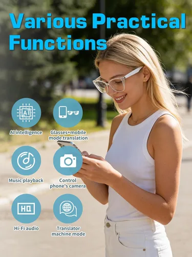 Vista 3 de Lentes inteligentes para mujer, con audio de oído abierto, Bluetooth con marco transparente, llamadas manos libres, cómodos de llevar para viajes