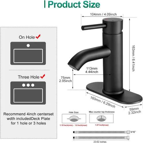 Vista 5 de VOTON Grifo de Baño Negro de Una Sola Manija Grifo de Lavabo de Baño Negro Mate Grifo de Lavabo RV para Recipiente de Baño 1 o 3 Agujeros con Placa
