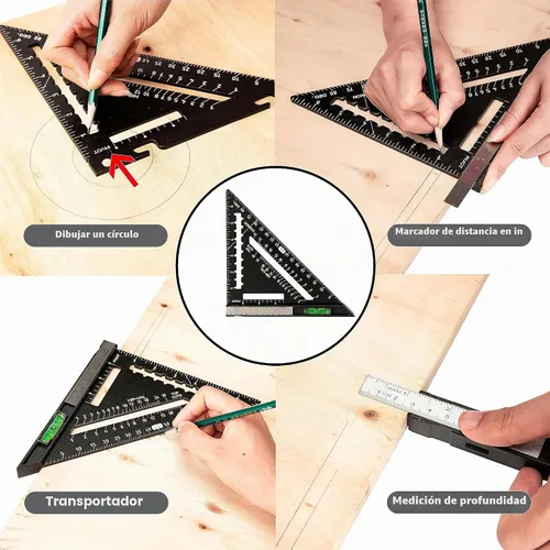 Vista 7 de Beslands - Carpintero cuadrado de 7 pulgadas con nivel, regla de triángulo cuadrada de metal de aluminio, herramienta de diseño de carpintería Negro