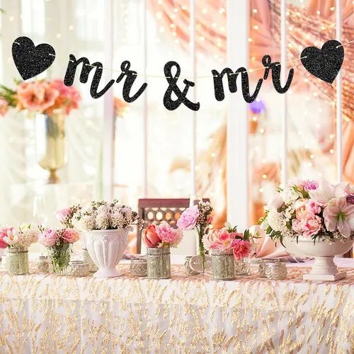 Vista 5 de Cartel de Mr&Mr Banner, pareja gay, despedida de soltera, compromiso, decoraciones de fiesta de boda gay, cartel de EnGayged, purpurina negra