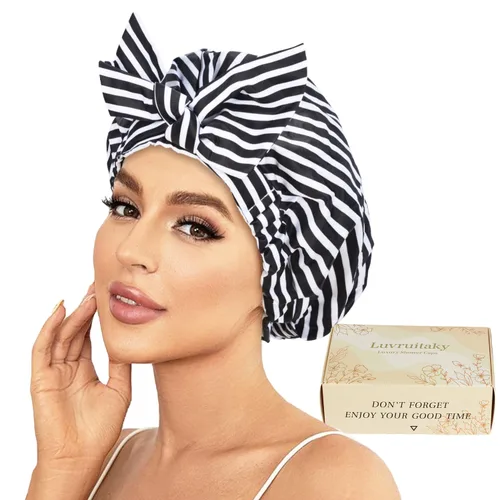 Vista 13 de 2 piezas de gorras de ducha para mujer, gorras de ducha reutilizables impermeables para el cabello con moño ajustable, lujosa gorra de baño para Rosa