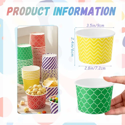 Vista 2 de Pickmesh 120 tazas de helado de 9 onzas desechables de papel geométrico pastel para sopa, verde, amarillo, multicolor, tazas de postre, alimentos