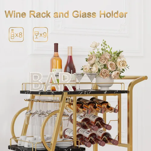 Vista 6 de Carrito de bar para el hogar, carrito de servicio de bar con ruedas, carritos de licor de 3 niveles con estante para vino y soporte para vidrio