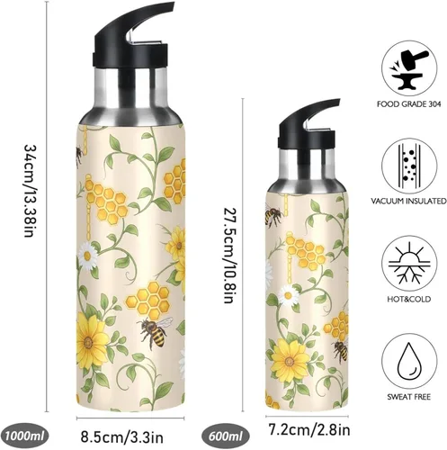 Vista 2 de Yellow White Flowers Insulated Water Bottle 32 Oz, BPA-Free Sports Water Bottle Leakproof Water Bottles