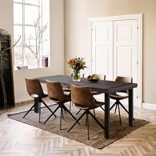 Vista 4 de Mesa de comedor Flamaker para 6 personas de madera de acacia FSC para interior y exterior, mesa de cocina del hogar con patas de hierro, mesa grande